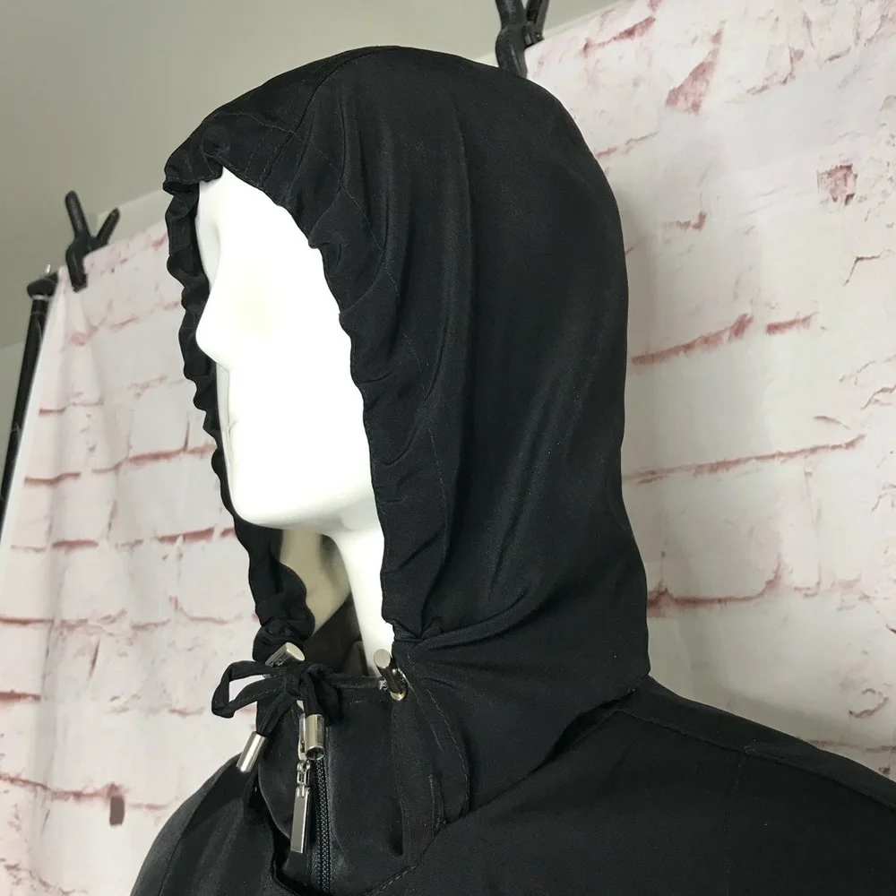 GALLERY Black & Taupe Trench Coat Raincoat detach Hood Size Medium 37” Length - Picture 10 of 16